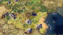 A map screen in Civilization 6 shows an early village set between some mountains.