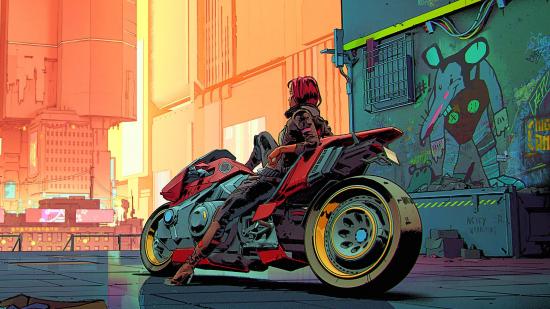 V resting on her motorcycle in concept art for Cyberpunk 2077