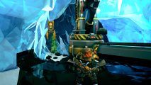 A bearded dwarf miner guards a machine deep in an ice cave in Deep Rock Galactic.