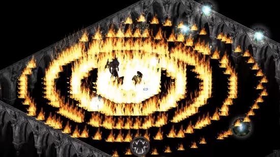 Rings of fire fill a room in Diablo II: Lord of Destruction.