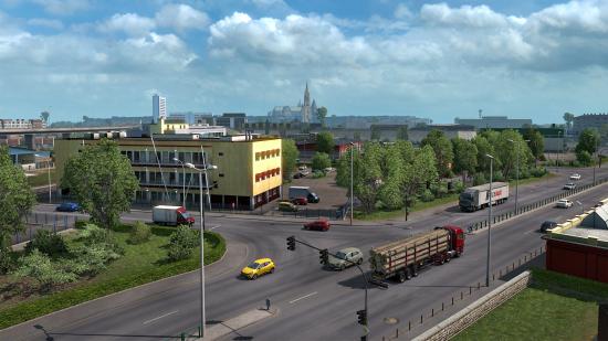 Driving down the road in Euro Truck Simulator 2
