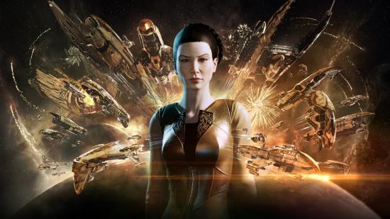 A woman in a gold uniform stands against a backdrop of gold ships emerging from a solar corona over a dark planet in an Eve Online promotional image.