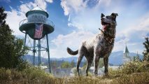 Boomer, the canine Fang for Hire in Far Cry 5, looks into the distance with the Fall's End water tower in the background.