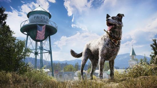 Boomer, the canine Fang for Hire in Far Cry 5, looks into the distance with the Fall's End water tower in the background.
