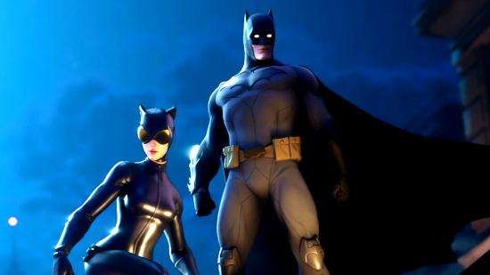 Batman and Catwoman as they appear in Fortnite, where they would absolutely never bear hug one another
