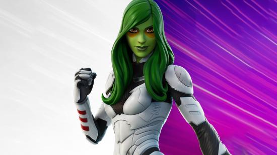 The comic book version of Gamora wearing her white and black suit in Fortnite Chapter 2 Season 7