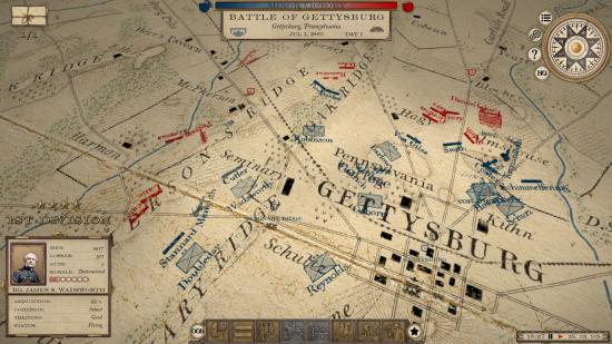 A 19th century Engineer Corps-style map of Gettysburg is seen in Grand Tactician: The Civil War (1861-1865).