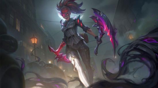 League of Legends champion Akali as a Crime City Nightmare skin, with purple hair and two pointed blades