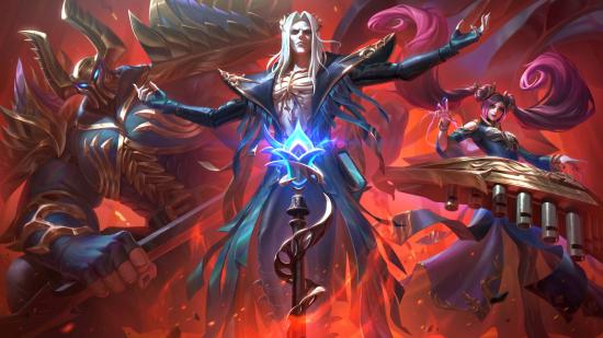 League of Legends champions Karthus, Mordekaiser, and Sona in their Pentakill skins
