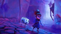 A cartoon-like girl in a spooky blue cave next to a dice with arms and legs in Lost in Random, a deck-building game