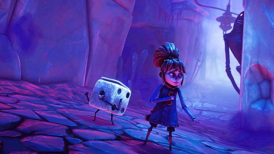 A cartoon-like girl in a spooky blue cave next to a dice with arms and legs in Lost in Random, a deck-building game
