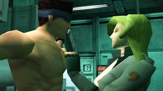 A shirtless Snake is interrogated in