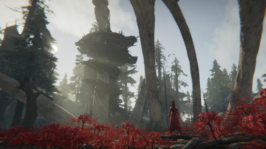 Standing among the red flowers in Naraka: Bladepoint, which just hit Steam