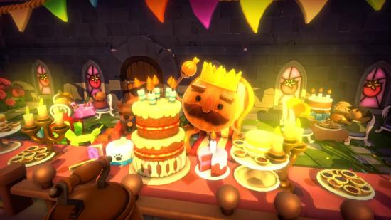 The Onion King is very excited about a birthday cake in the new Overcooked: All You Can Eat update