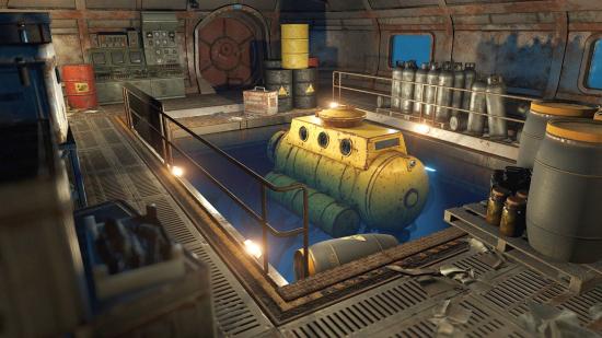A yellow Rust submarine sits in an indoor dock