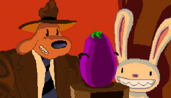Sam and Max from Sam and Max Hit The Road grinning at an aubergine on a pedestal