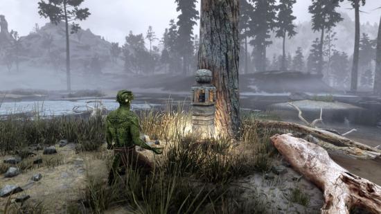A Skyrim character worships at a new religion mod shrine by a tree