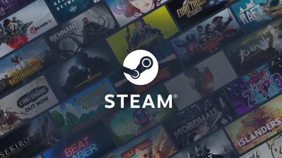 The Steam logo against a backdrop of popular video game key art.