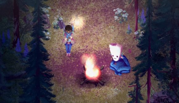 A gardener approaches a campfire, where a friendly forest spirit sits, in The Garden Path.