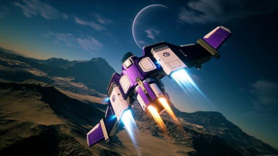 A purple and white Vanguard fighter craft flies over a rocky alien landscape with a big crescent moon in the background.