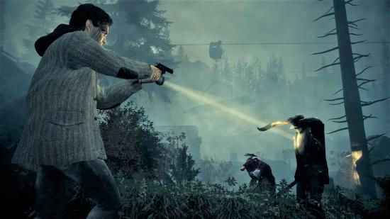 Alan Wake aiming at enemy with gun in forest environment