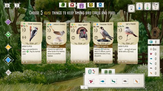 Beste pc-bordspellen - vijf kaarten met verschillende vogels erop in Wingspan.