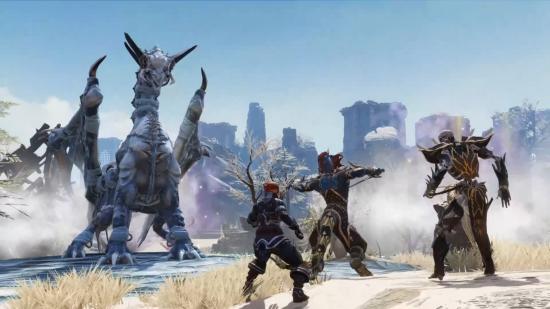 Three heroes face off against a frost dragon in Divinity: Original Sin 2.