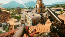Far Cry 6's protagonist slides down the roof of a building
