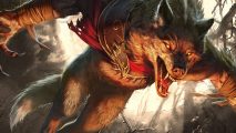 A Werewolf from the Magic: The Gathering Innistrad Midnight Hunt set, leaping with its teeth bared.