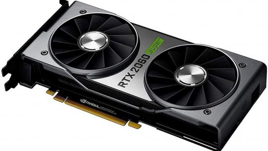 An Nvidia RTX 2060 Super graphics card on a white background