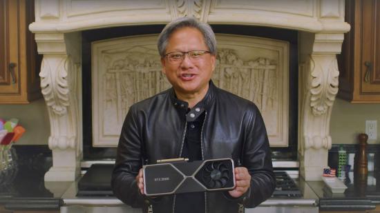 Jensen Huang, da NVIDIA, segurando uma placa gráfica RTX 3080