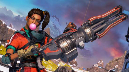 Rampart in Apex Legends, with a big ol' gun and a bit of bubble gum