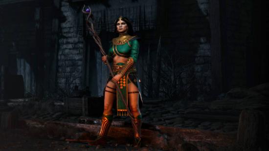 The Sorceress in Diablo 2 Resurrected is holding a staff with both hands.