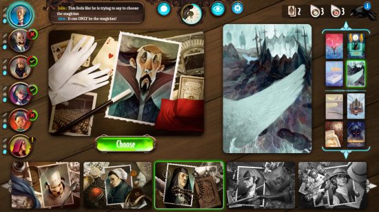 Beste pc-bordspellen - verschillende kaarten die laten zien wie de moordenaar zou kunnen zijn, evenals een kaart met een abstract beeld van sneeuw in Mysterium.