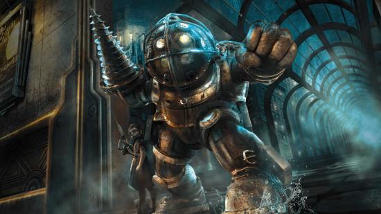 Image of a Big Daddy from Bioshock with Little Sister on right in front of backdrop of Rapture