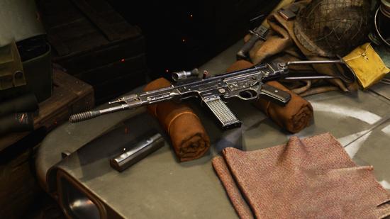 An assault rifle from Call of Duty Vanguard laying on a table