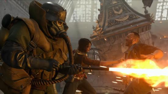 A soldier in a gas mask fires a flamethrower, while two others engage in melee combat in the background, in Call of Duty: Vanguard