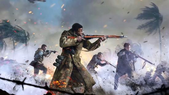 Call of Duty: Vanguard soldiers fire weapons on a war-struck beach