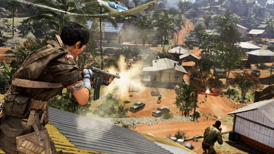 A firefight breaks out in a village on Caldera, the new battle royale map for Call of Duty: Warzone.