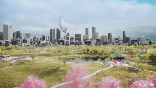 Cities Skylines 2 release date: A huge cityscape on the horizon, with a green field and pink flowers in the foreground.