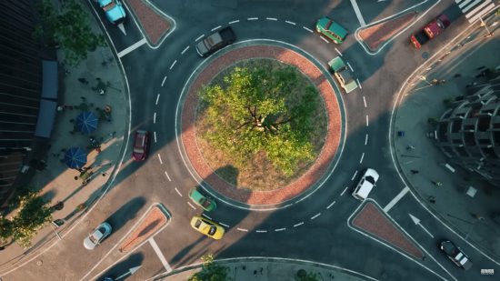 Cities Skylines 2 release date: A birds-eye view of a roundabout with multiple cars driving round it and a tree in the middle.