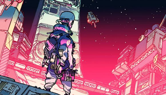 A character from cyberpunk game Citizen Sleeper staring out at lawless space station