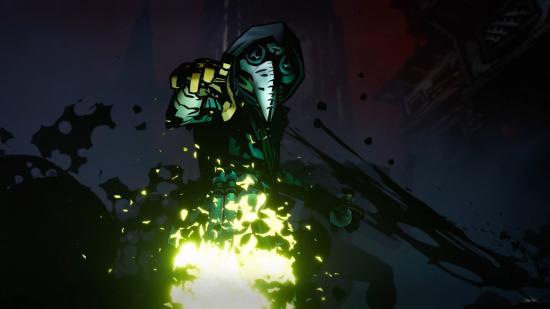 A plague doctor detonates an explosive flask that erupts in sickly green fire in the trailer for Darkest Dungeon II.