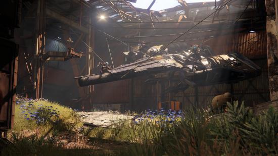 A ship literally hanging in a hangar in Destiny 2