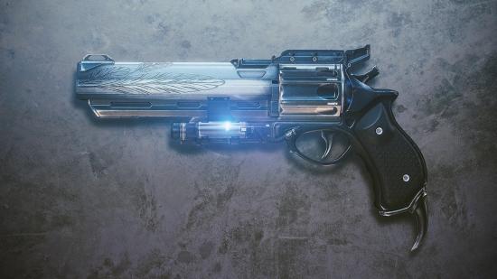 Destiny 2's exotic Hawkmoon hand cannon rests against a textured background.
