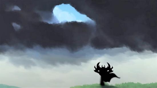 Dota 2 hero Shadow Fiend looks at a gloomy sky ahead in a fan's '90s-style anime intro clip
