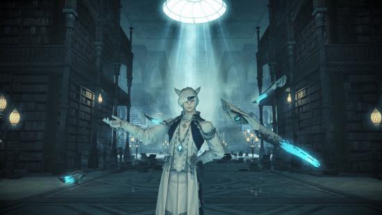 A Final Fantasy XIV character stands in a library