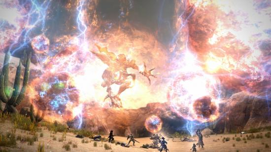 A group of Final Fantasy XIV players take on a fiery boss