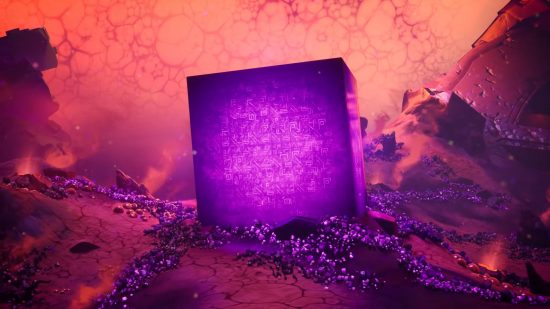 Fortnite Chapter 2 Season 8 release date - a giant purple cube is corrupting the world around it.