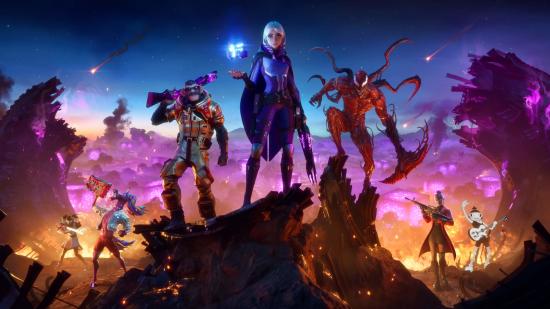 The characters of Fortnite Season 8 stand amid a fiery ruin